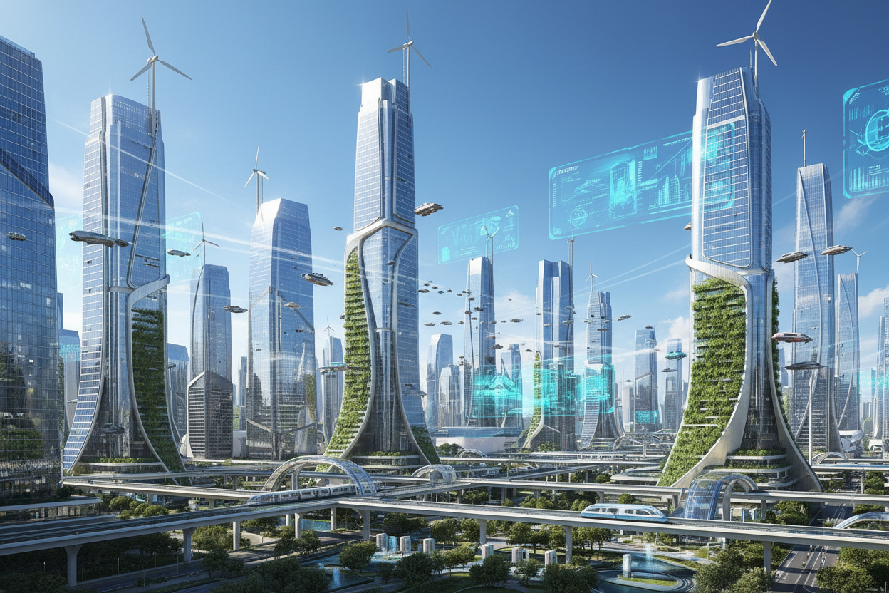 スマート未来シティ 空飛ぶ車 クリーンエネルギー　大規模都市　ソーラーを壁に　動画の長さを長く