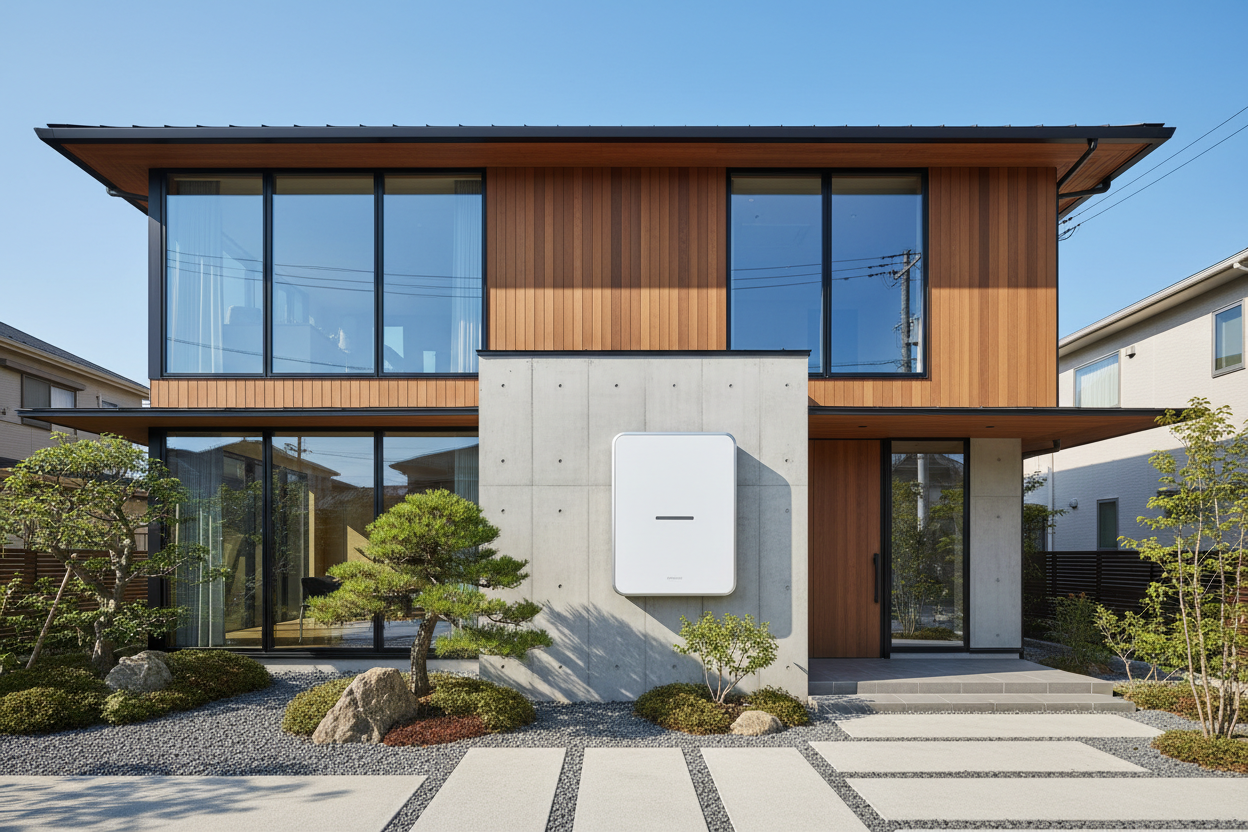 家庭用蓄電池が屋外へ設置されているスタイリッシュな家